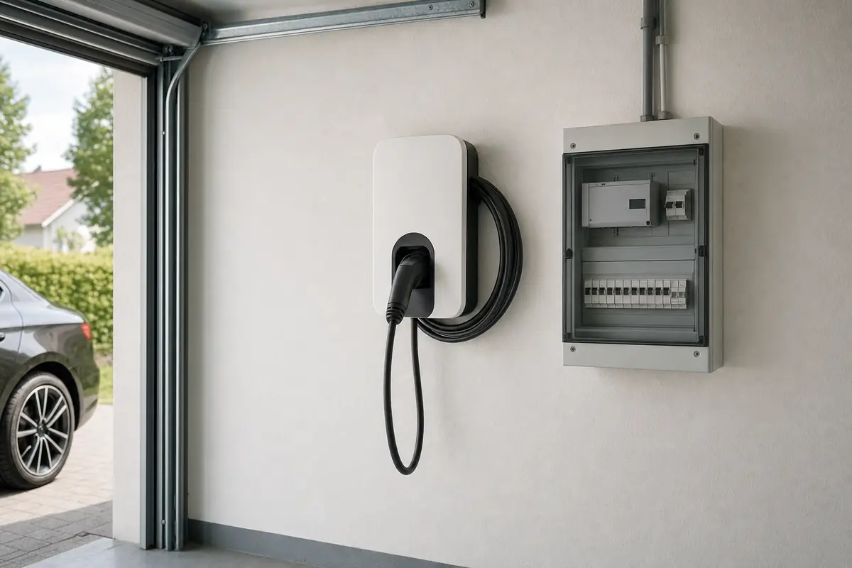 Wallbox in einer Garage neben einer Unterverteilung (Symbolbild, mit KI erstellt)