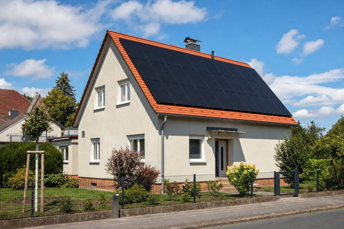Einfamilienhaus mit Photovoltaik-Modulen auf dem Ziegeldach (Symbolbild, mit KI erstellt)